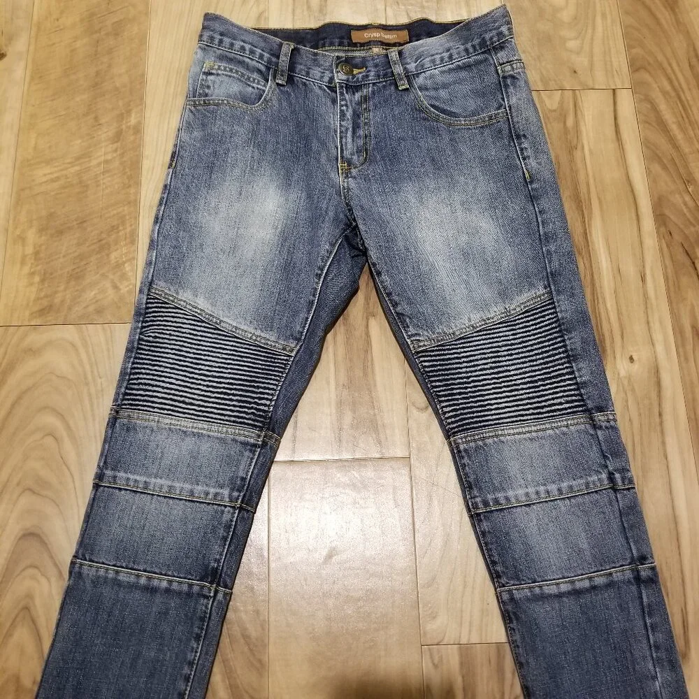 Crysp Denim Men Moto Biker Jeans Size 30 Blue Cotton Ribbed Pleated Panel Slim